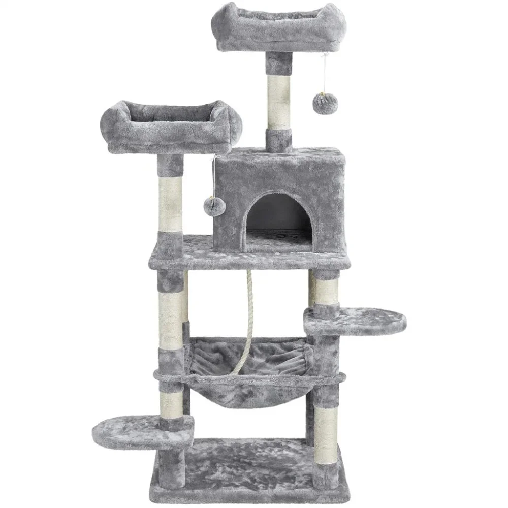 58-in Cat Tree & Condo Scratching Post Tower, Gray